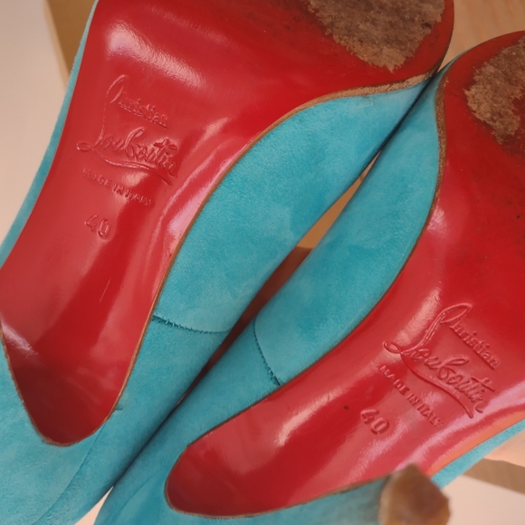 Christian Louboutin Riviera turquoise Ron Ron 100 suede red bottom heels 40/ 9 - Picture 3 of 12
